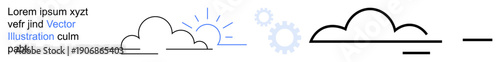 Weather forecast, technology, cloud computing, data storage, environmental , illustrations. Minimalistic cloud outlines with gears and sun details. Weather forecast and technology symbolism