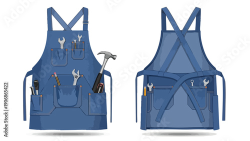 Versatile denim work apron with essential tools in pockets, front and back view illustration