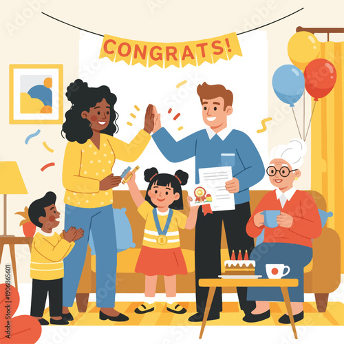 Family celebrating a young girl's achievement