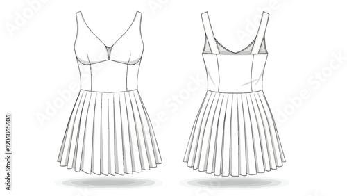 Technical fashion drawing of a sleeveless v-neck dress with a pleated mini skirt design template front and back view