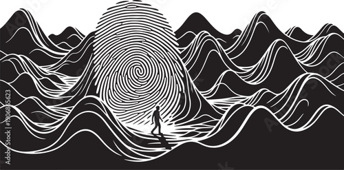 Surfer riding wave with fingerprint pattern in black white