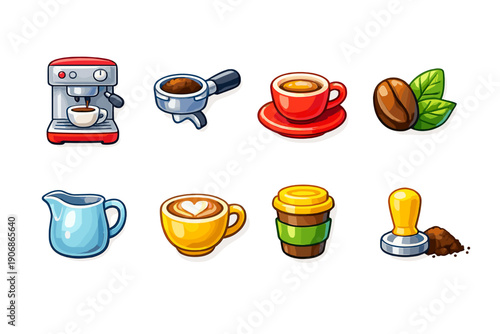 Collection of stylized coffee icons including espresso machine, beans, and cups