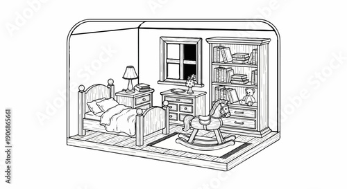 Children's bedroom with bed, rocking horse, bookshelf, lamp, and window