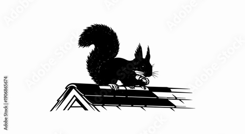 Black squirrel perches on a tiled roof, clutching a nut