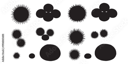Vector set of abstract black organic shapes, collection of spiky starbursts and circular cloud elements for minimalist graphic design.