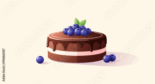 Chocolate cake with fresh blueberries and chocolate drizzle topping