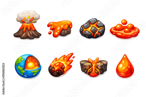 Collection of cartoon-style geological and celestial elements with volcanic and molten themes