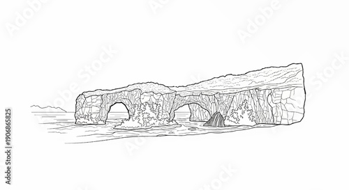Coastal rock formations with sea arches and vegetation on white background