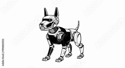 Detailed black and white drawing of a mechanical dog with exposed joints