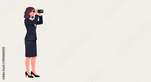 Businesswoman looking through binoculars, vector illustration representing looking for opportunities or vision
