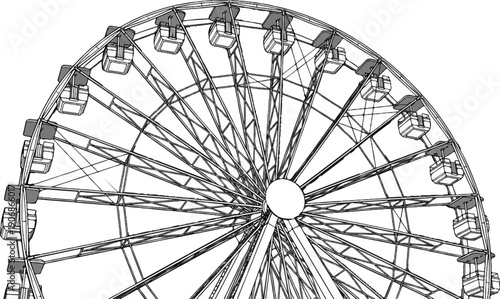Detailed sketch of a Ferris wheel, showing cabins and spokes against white