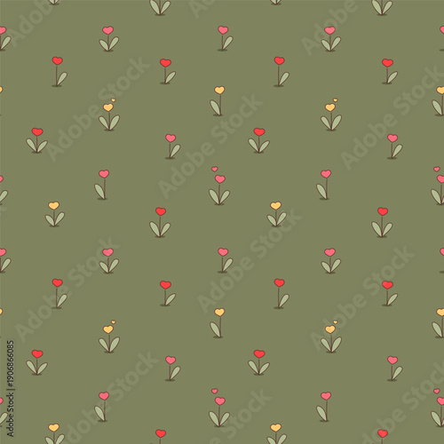 Cute seamless pattern with tiny hand-drawn heart-shaped flowers on green background