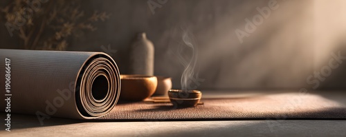 A wellness brand scene with yoga mat texture, calm breathing implied, subtle incense scent