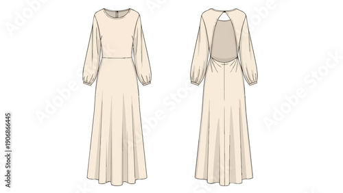 Sophisticated long-sleeved maxi dress technical flat with a graceful keyhole back, perfect for modern elegance and fashion design illustration