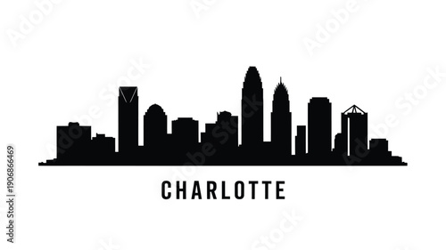 A stark black silhouette of the charlotte skyline against a white background