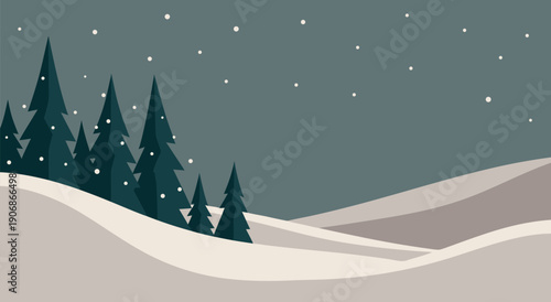 Serene Winter Landscape Vector Illustration with Snowfall and Evergreen Trees