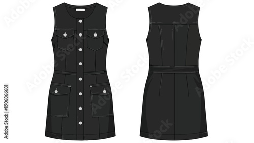 Sleek black sleeveless dress technical flat sketch showcasing front and back views with multiple utility pockets and button details, ideal for