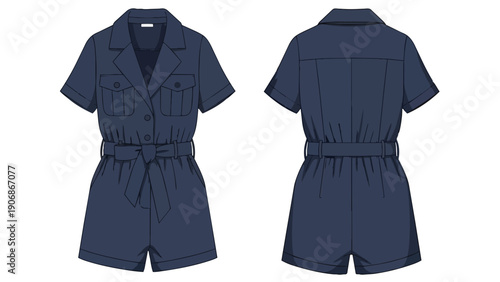 Modern dark blue romper flat drawing showing front and back views of a short-sleeved collared garment with chest pockets and a tie belt ideal for