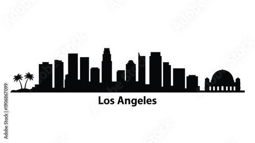 A striking black silhouette of the los angeles skyline with palm trees