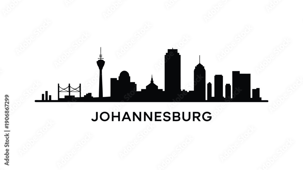 Naklejka premium Johannesburg skyline silhouette with prominent buildings and city name typography