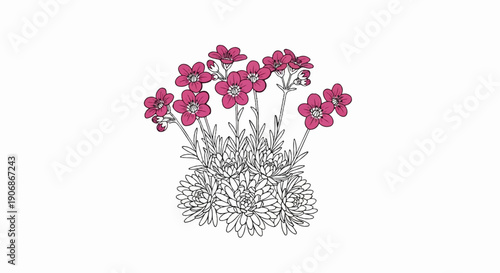 Delicate pink flowers bloom atop detailed green foliage in a sketch