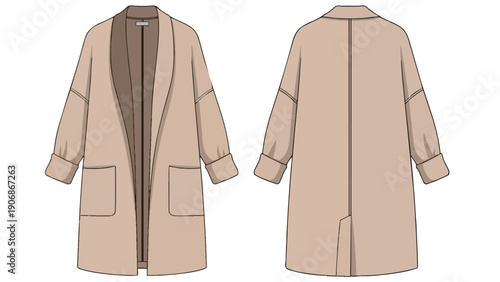 Minimalist beige oversized women's coat technical flat sketch with cuffed sleeves and patch pockets
