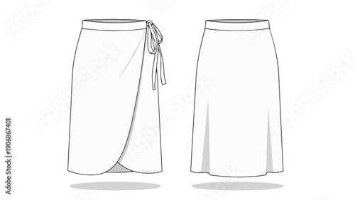 Detailed technical drawing of a stylish women's wrap skirt garment design illustration