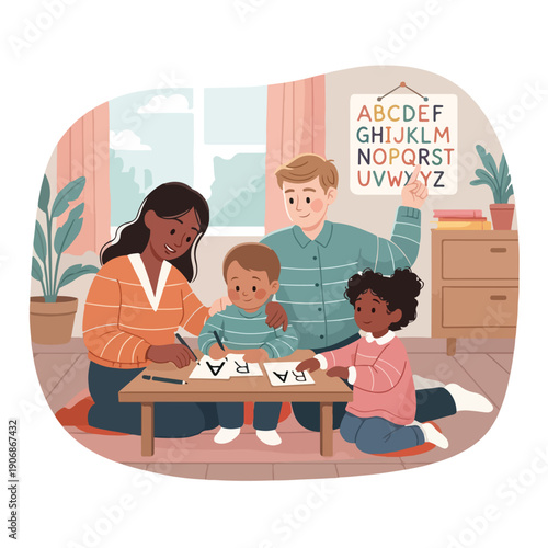Family educates children by reading and writing near an alphabet chart