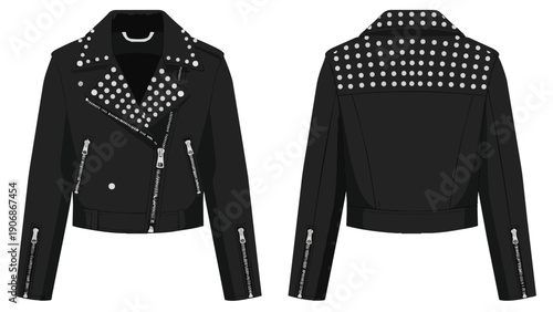 A detailed vector illustration showcasing the front and back views of a modern black studded biker jacket, featuring zippers and edgy punk-rock