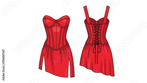 A sleek digital rendering of a deep red mini-dress front and back views showcasing a structured corset bodice with intricate lacing details for a