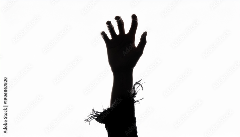 Obraz premium Tattered Sleeve Fringe. Silhouette of a zombie hand. A full silhouette of a hand and a portion of the wrist, where the tattered, frayed remnants of a sleeve create a jagged fringe around the wrist. 