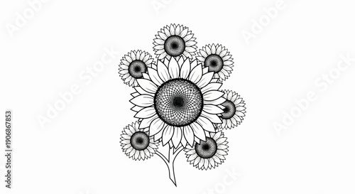 Detailed black and white illustration of a cluster of sunflowers
