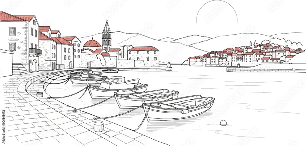 Obraz premium Coastal town with moored boats and distant hills under a hazy sun