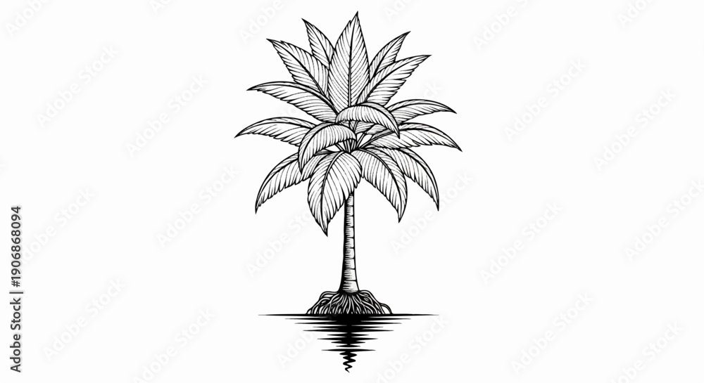 Fototapeta premium Detailed sketch of a tropical palm tree with fronds and roots, reflected in water