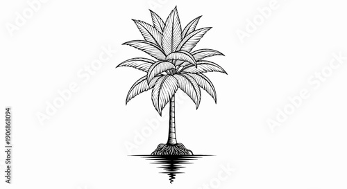 Detailed sketch of a tropical palm tree with fronds and roots, reflected in water