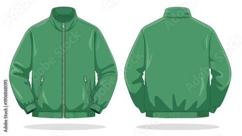 Plain green zip-up casual bomber jacket with front and back views a versatile outerwear apparel for fashion and practical everyday use and modern