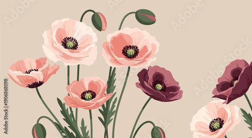 Delicate pastel and deep red poppies bloom against a muted neutral background