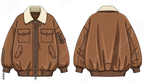 Detailed illustration of a stylish brown bomber jacket with a cream fleece collar showcasing front and back design