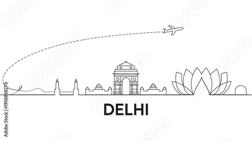 Simple line drawing depicts delhi landmarks with an airplane in flight overhead