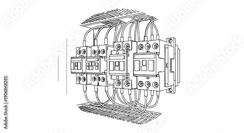 Detailed sketch of electrical contactors with intricate wiring connections