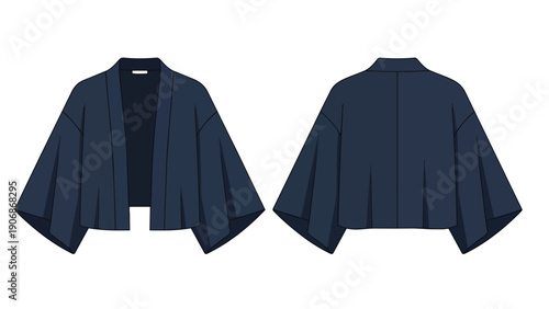This technical flat drawing depicts a dark blue, loose-fitting, cropped jacket with wide sleeves, ideal for modern fashion design and apparel