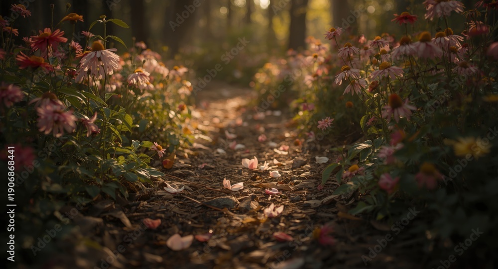 Naklejka premium Bright petals settling into a calm forest path bordered by radiant flowers and gentle ambient lighting