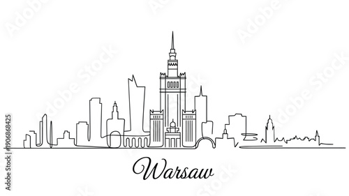 Line art illustration of the warsaw skyline with the city name below