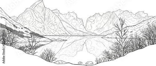 Detailed sketch of majestic mountains reflecting in a serene lake