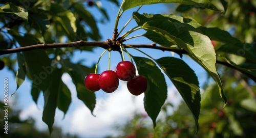 Lush cherries dangling from...