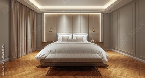 Front view of a master bedroom featuring a plush headboard panel and parquet flooring with indirect lighting
