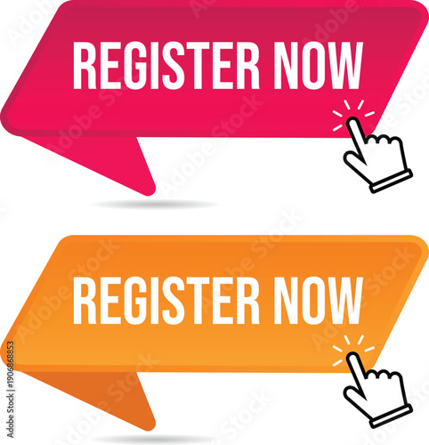 A colorful graphic illustration of two speech bubbles with a call to action to register now