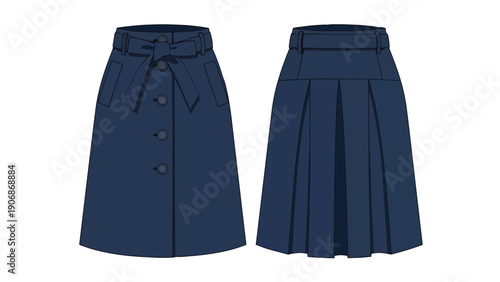 Stylish navy blue A-line skirt with button-front and pleated back design illustration