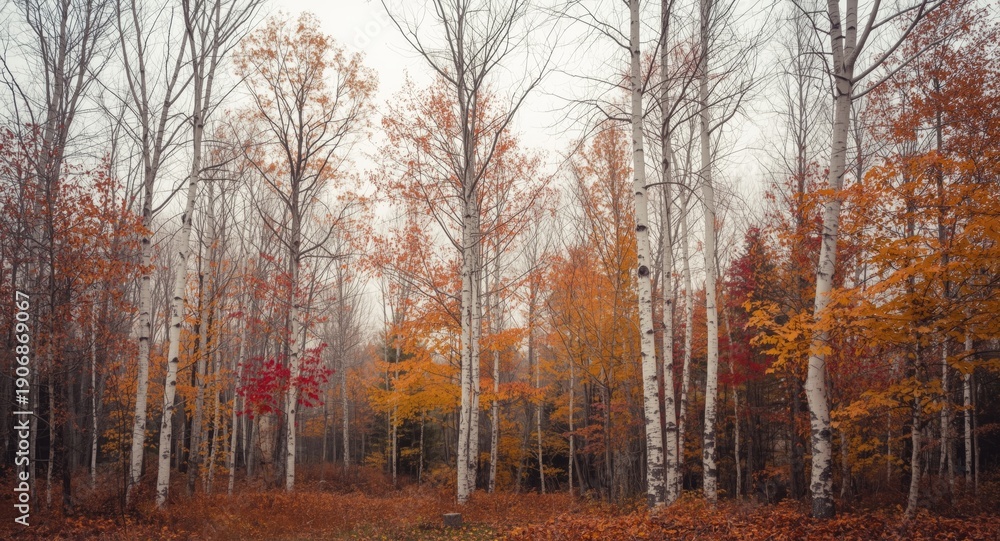 Fototapeta premium Gentle forest setting with tall birch trees dressed in colorful fall leaves and a muted overcast sky