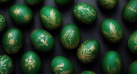 Lush royal green Easter eggs decorated with fine gold patterns displayed on a dark chalkboard finish
